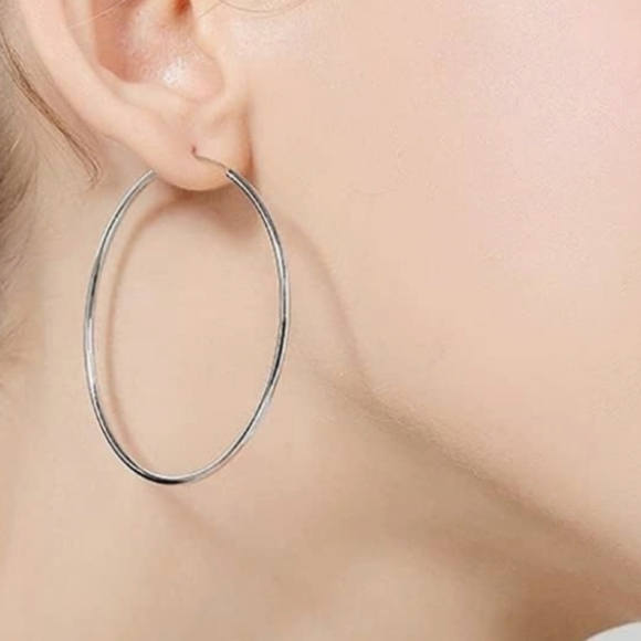 QLKIYLR 60mm Silver Hoop Earrings, 14K White Gold Plated - Picture 2 of 6
